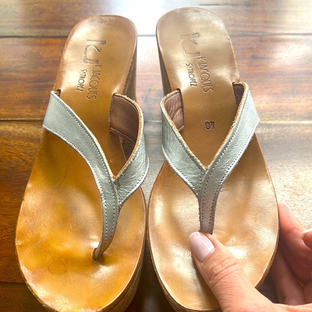 K Jacques St. Tropez Diorite silver leather thong platforms wedge